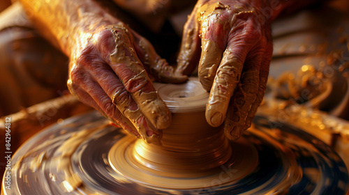 Craftsman's Hands Molding Clay on Pottery Wheel photo
