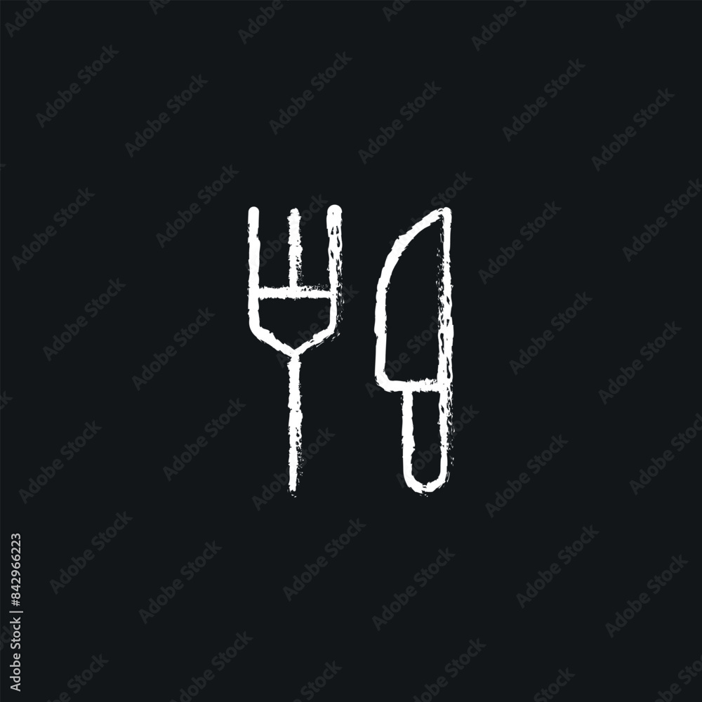 Restaurant. Fork and knife chalk icon. Line customizable illustration. Contour symbol. Vector isolated outline drawing. Restaurant. Fork and knife chalk icon. Line customizable illustration. Contour symbol. Vector isolated outline drawing.