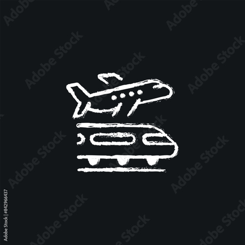 Transportation. By plane and train chalk icon. Line customizable illustration. Contour symbol. Vector isolated outline drawing.