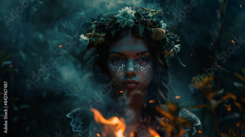Mysterious woman with flower crown posing in front of bonfire with sparkles and smoke around her