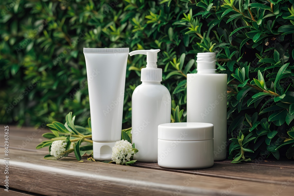 White skincare containers on wooden surface against lush foliage in soft lighting White skincare containers on wooden surface against lush foliage in soft lighting