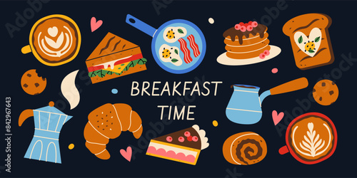 Set of breakfast elements. Flat hand drawn sandwich, toast, pie, moka pot, fried eggs, pancakes, croissant, coffee and cookies.