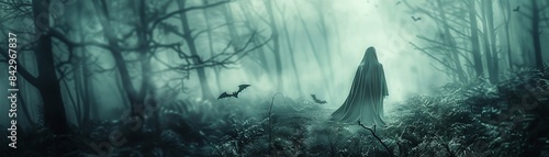 Haunted forest with ghostly figure, bat flying in foreground, death and Halloween theme, dark and eerie, photo with copy space 8K , high-resolution, ultra HD,up32K HD photo