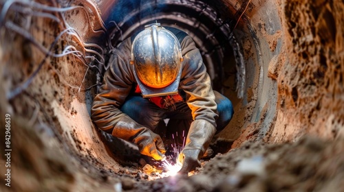 A closeup of a worker welding together pieces of a utility line deep underground.