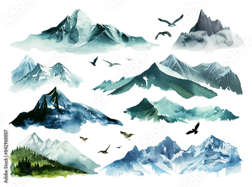 Abstract blue mountain landscape watercolor background. Nature mountain view wallpaper, beautiful hill painting, natural forest mountain view graphic. Vector illustration