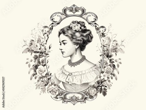 Vintage fashion lady with flowers vector frames decoration, retro illustration