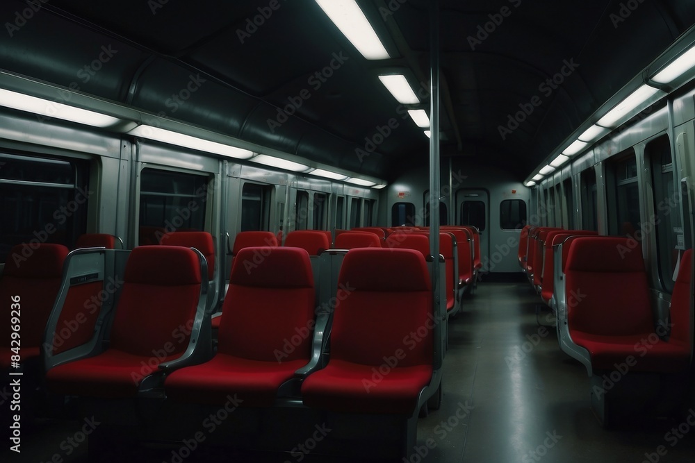 An interior view of a train car with empty red seats. The lights are on, and the train appears to be moving An interior view of a train car with empty red seats. The lights are on, and the train appears to be moving