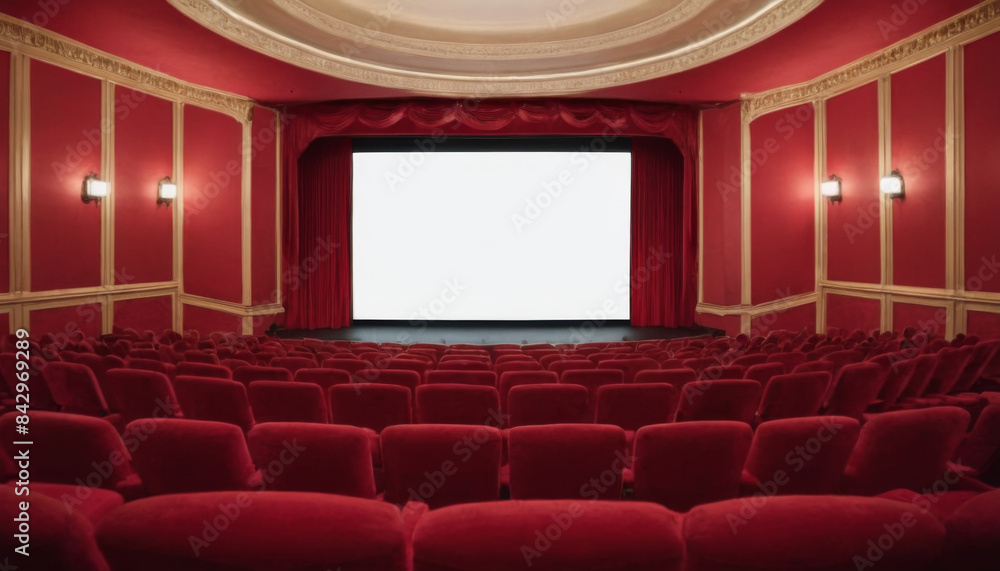 Fototapeta premium A wide shot of an empty movie theater auditorium. The red velvet seats are arranged in rows, facing a large, blank screen