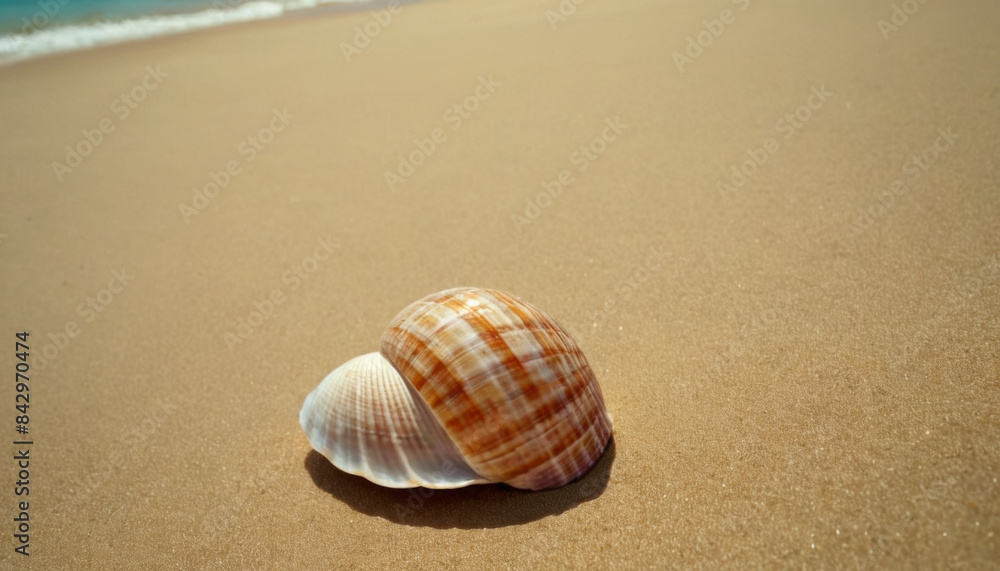 A close-up of a seashell lying on a sandy beach A close-up of a seashell lying on a sandy beach