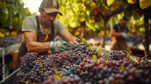 Workers diligently picking grapes during harvest in a sunlit grapevine field