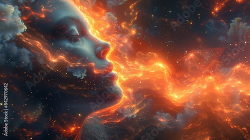 A surreal portrait depicting a woman's face merging with fiery cosmic elements, evoking a sense of wonder