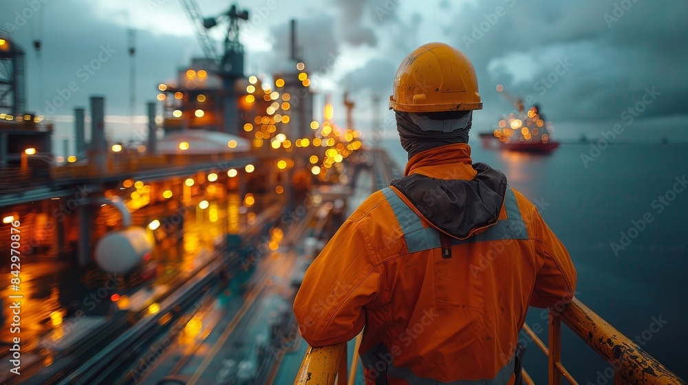 A worker in safety gear overlooks a brightly lit offshore oil rig during twilight or nighttime, reflecting industry and labor A worker in safety gear overlooks a brightly lit offshore oil rig during twilight or nighttime, reflecting industry and labor