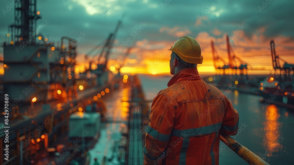 A contemplative worker looks out at a busy port with cranes during a vibrant sunset A contemplative worker looks out at a busy port with cranes during a vibrant sunset