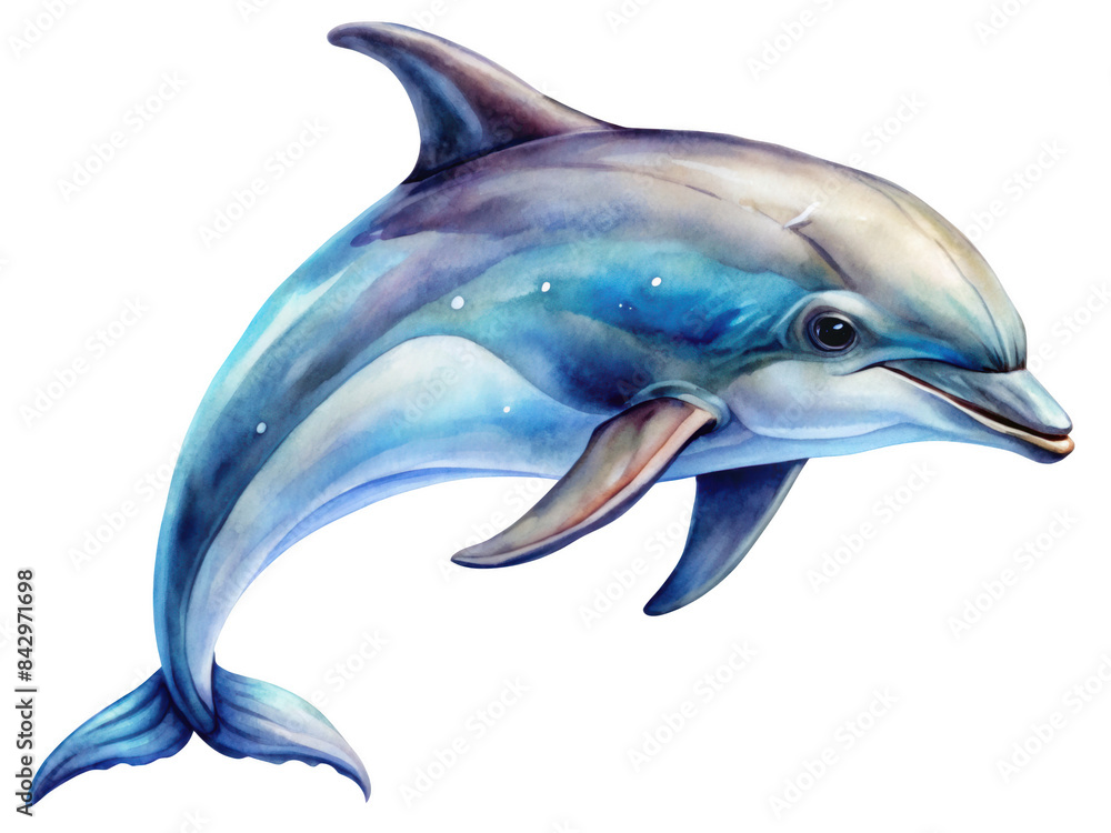 Fototapeta premium Watercolor dolphin illustration, isolated on transparent background, png.