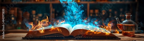 Open book with fiery pages, vibrant fantasy colors, laboratory filled with liquid potions, Halloween magic, spectacles 8K , high-resolution, ultra HD,up32K HD