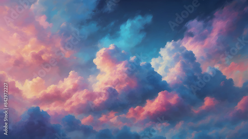 Beautiful pink clouds at blue sky, abstract background, fluffy pink clouds at sunset