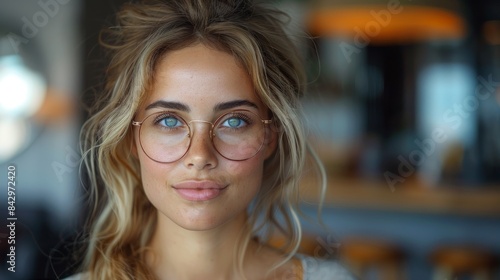 Intimate portrayal of a young woman with glasses and carefree tousled locks, reflecting modern beauty and intelligent allure