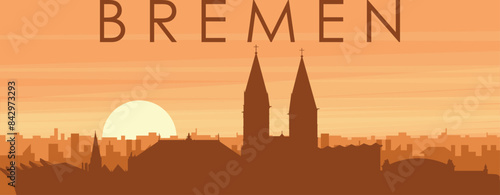 Brown panoramic poster of the city skyline with misty background buildings, sunrise, clouds and mountains of BREMEN, GERMANY