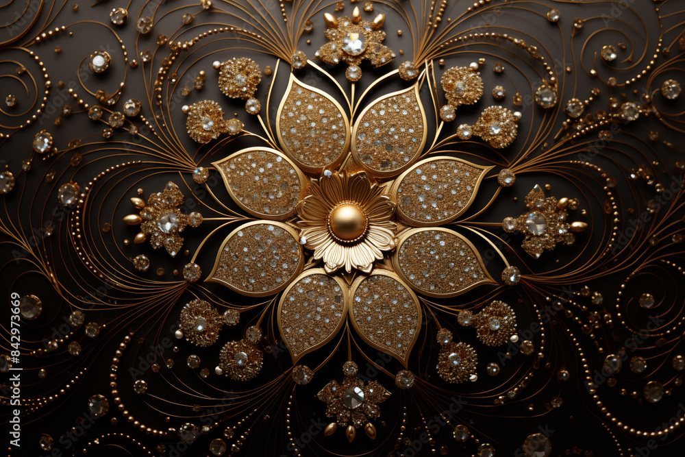 Intricate Golden Floral Design with Gemstones on Dark Background - Luxurious and Elegant Decorative Art Intricate Golden Floral Design with Gemstones on Dark Background - Luxurious and Elegant Decorative Art