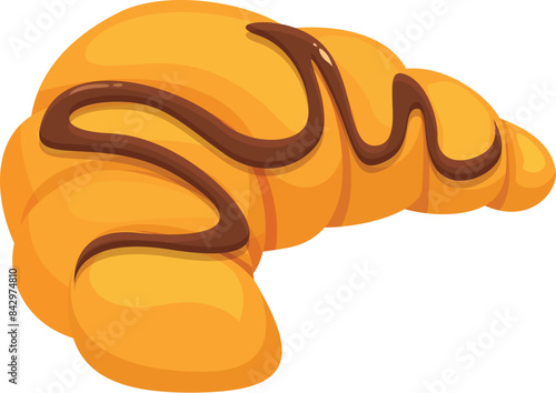 Freshly baked croissant is covered in delicious chocolate syrup, making a perfect breakfast treat