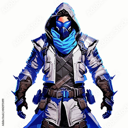 "Elegant Cyberpunk Mascot Design in Full Body View: Front-View Illustration"