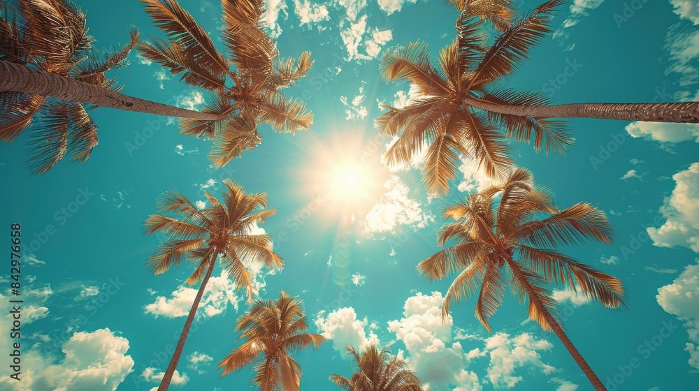 Worm's-eye view of palm trees with a bright sunbeam, evoking a relaxing tropical vibe Worm's-eye view of palm trees with a bright sunbeam, evoking a relaxing tropical vibe