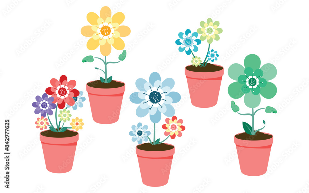 Obraz premium Vibrant cartoon flowers in pink pots. Vector illustration on white background