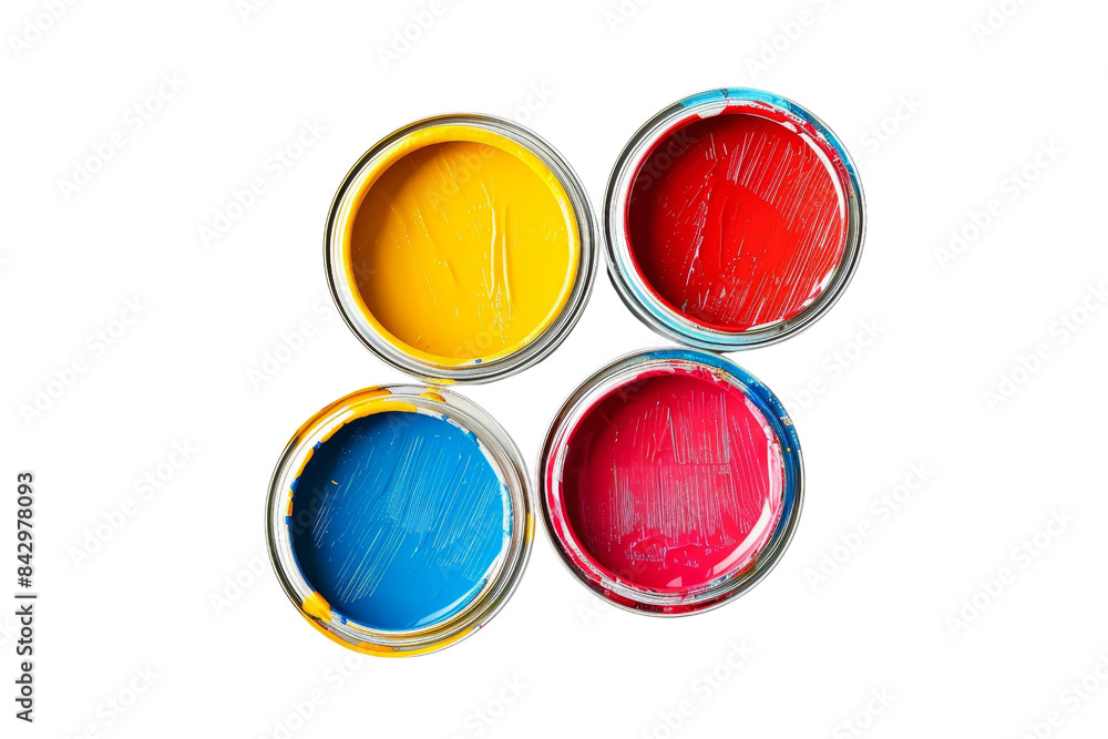 Colorful paint cans with red, blue, yellow, and pink pigments. Ideal for art, design, and creative projects, isolated against a transparent background. Colorful paint cans with red, blue, yellow, and pink pigments. Ideal for art, design, and creative projects, isolated against a transparent background.