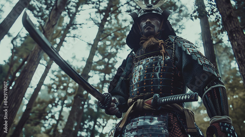 A samurai warrior in armor with a katana stands against the backdrop of a beautiful autumn forest.