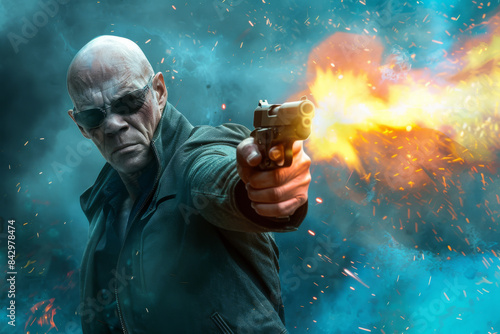 The killer fires a gun amid smoke and explosions. A bald assassin with scars on his face and glasses shoots from a pistol. Action hero. Hitman.