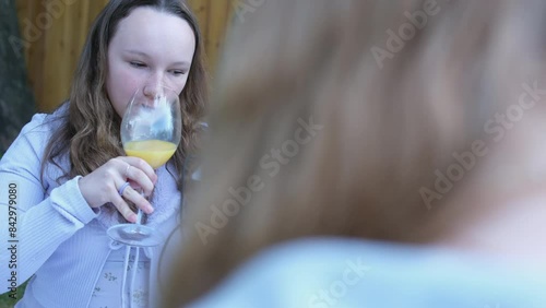 Wallpaper Mural Two girls friends on a picnic drinking orange juice taking a selfie talking sitting on their phones sitting on the grass in summer dresses. Two friends picnic Torontodigital.ca