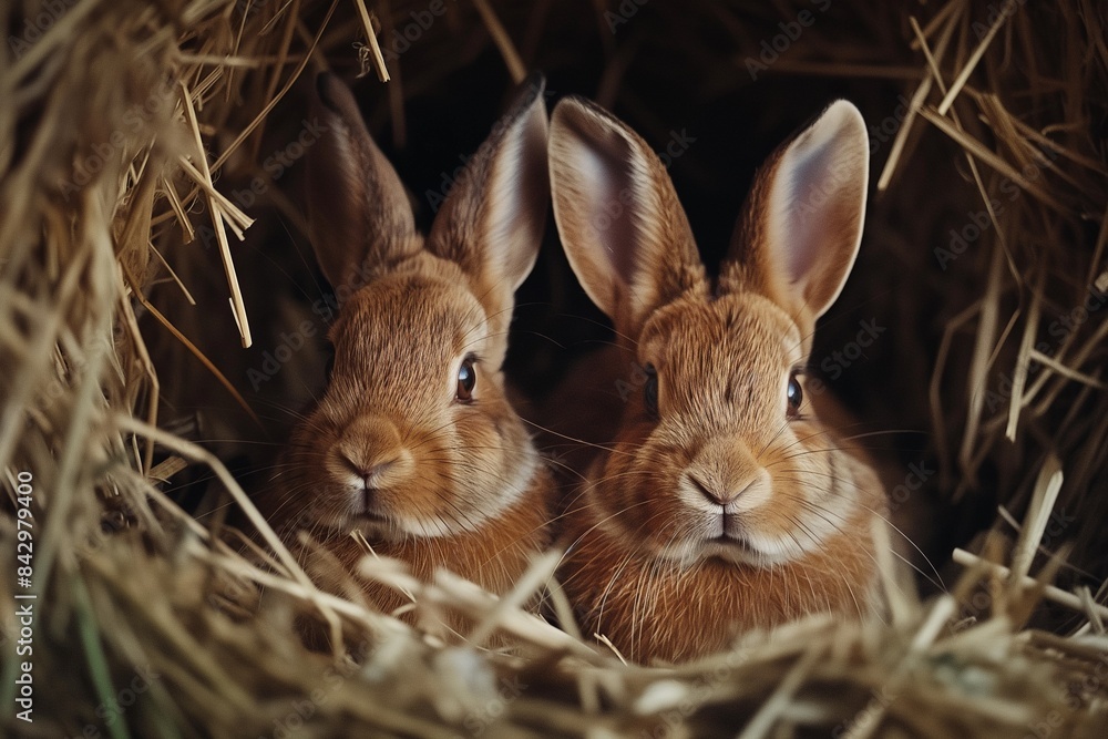 Portrait photo of two rabbits sitting in hay, looking at the camera. There is a shallow depth of field, natural light, and a soft focus. Portrait photo of two rabbits sitting in hay, looking at the camera. There is a shallow depth of field, natural light, and a soft focus.