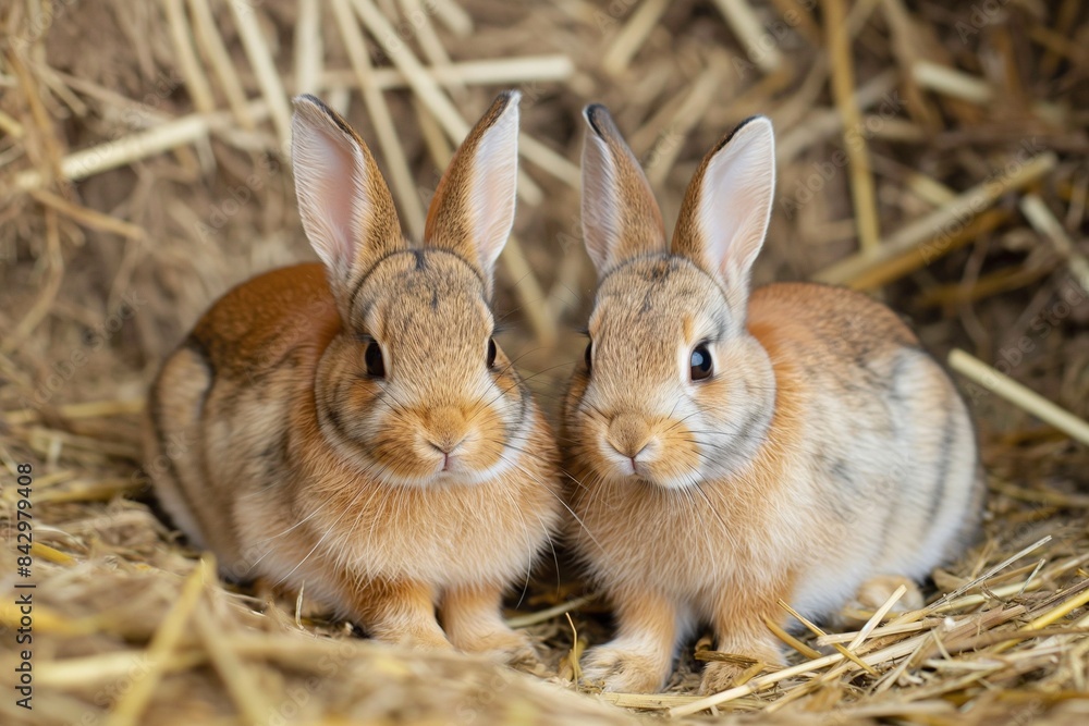 Portrait photo of two rabbits sitting in hay, looking at the camera. There is a shallow depth of field, natural light, and a soft focus. Portrait photo of two rabbits sitting in hay, looking at the camera. There is a shallow depth of field, natural light, and a soft focus.