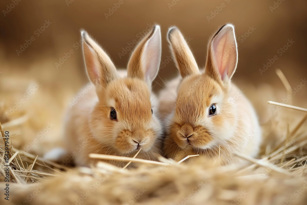 Obraz premium Portrait photo of two rabbits sitting in hay, looking at the camera. There is a shallow depth of field, natural light, and a soft focus.