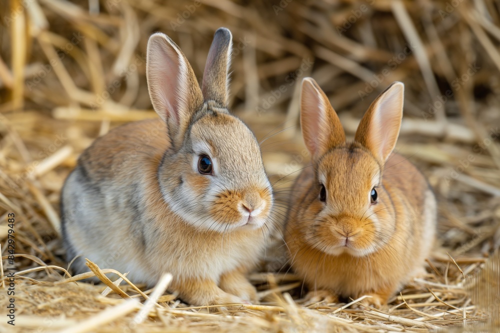 Fototapeta premium Portrait photo of two rabbits sitting in hay, looking at the camera. There is a shallow depth of field, natural light, and a soft focus.