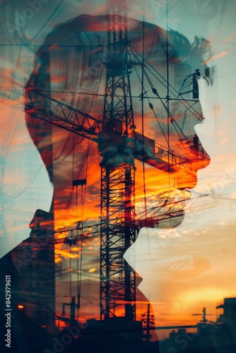 double exposure of construction worker silhouette with cranes at sunset photo