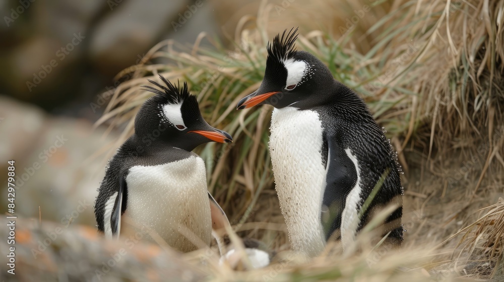 Naklejka premium Rockhopper Penguin pair on Bleaker Island part of the Falkland Islands
