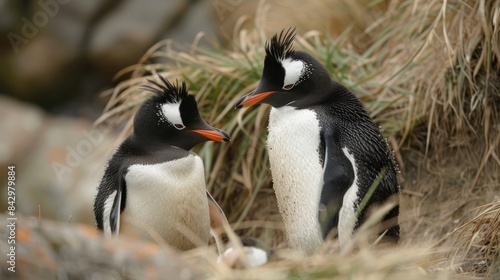 Rockhopper Penguin pair on Bleaker Island part of the Falkland Islands
