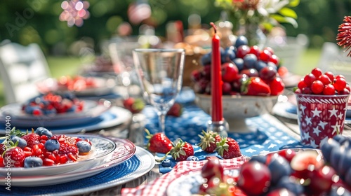 A festive table setup with red, white, and blue decorations, ready for a Fourth of July feast