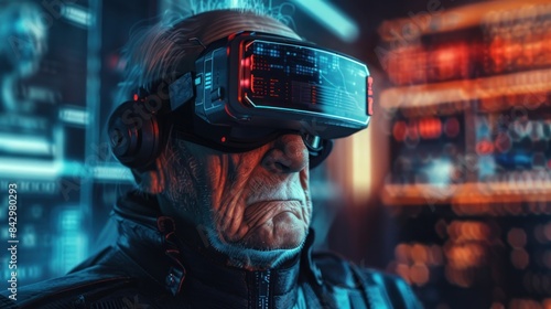 Grandfather wearing digital VR virtual reality high tech cyberpunk style. AI generated image