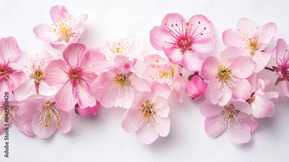 Pink flowers in full bloom against a white backdrop Pink flowers in full bloom against a white backdrop