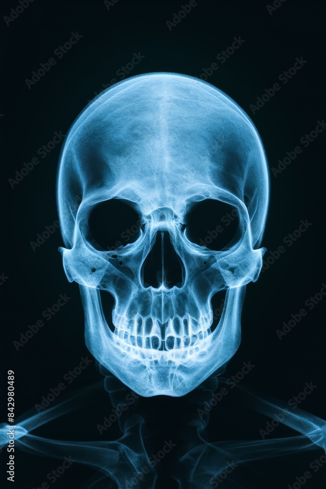 A skull is shown in a blue x-ray image, AI A skull is shown in a blue x-ray image, AI