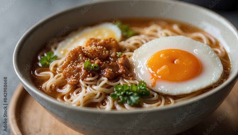 Ramen noodles, a Japanese dish with rich broth, tender noodles, marinated pork, and topped with a soft-boiled egg and fresh herbs, served in a white bowl. Ramen noodles, a Japanese dish with rich broth, tender noodles, marinated pork, and topped with a soft-boiled egg and fresh herbs, served in a white bowl.