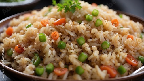 Fried rice, a flavorful Asian dish with stir-fried rice, carrots, green beans, and garnished with fresh herbs, served in a brown bowl.
