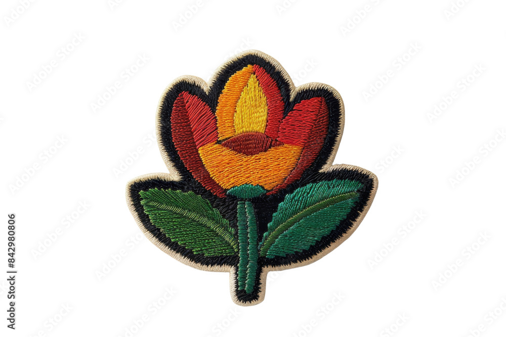 Obraz na plátně Colorful embroidered flower patch with vibrant red, yellow, and green thread