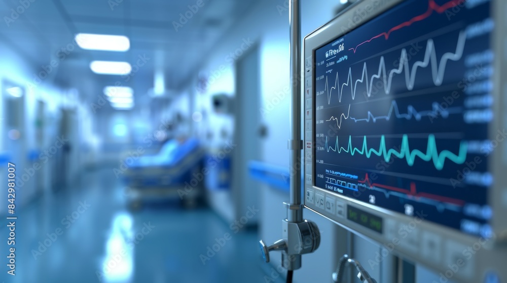 Hospital room creates atmospheric backdrop for heart monitor screen displaying vital signs Hospital room creates atmospheric backdrop for heart monitor screen displaying vital signs