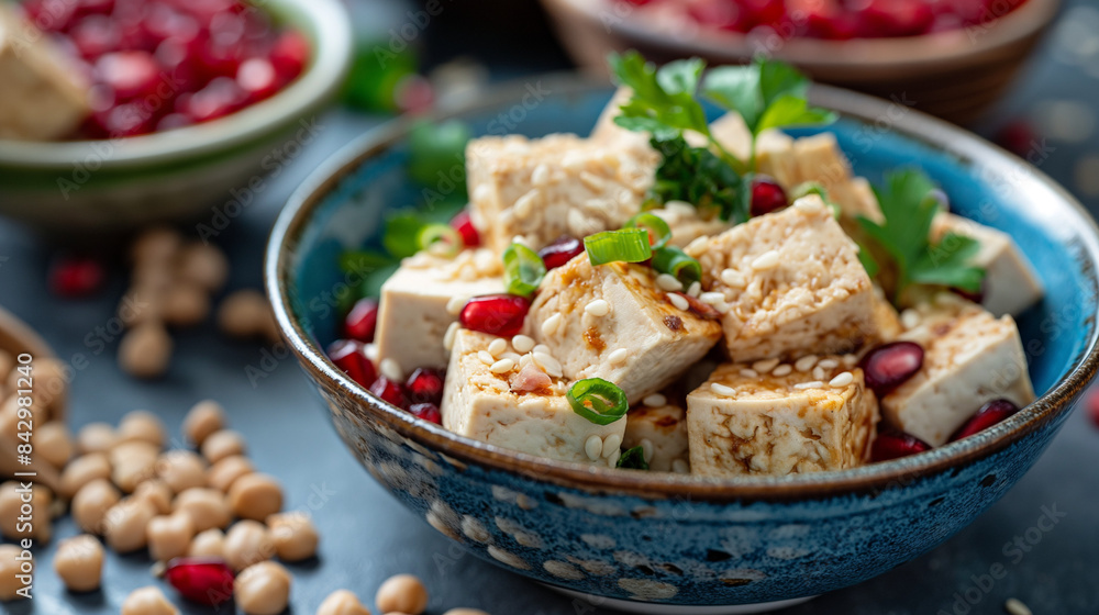 Tofu, beans, sesame seeds, pomegranate Tofu, beans, sesame seeds, pomegranate