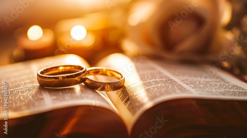 Image featuring two shimmering gold rings and a bible as a visual metaphor for the sacred union of marriage