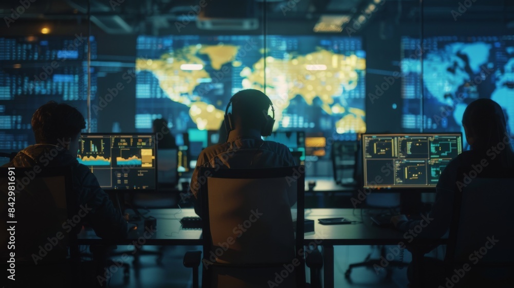 Copy space available in the image of a high-tech control room during a cyber attack simulation. Copy space available in the image of a high-tech control room during a cyber attack simulation.