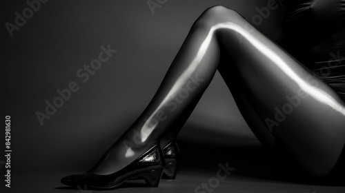 Beautiful female legs in black shiny tights. Exquisite female legs in sandals for background. photo